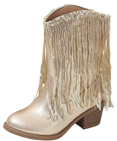 Stivali da ragazza a metà polpaccio con paillettes e nappe, taglio a V, punta a punta, tacco grosso, stivaletti da cowboy, scarpe da principessa, Oro, 31 EU