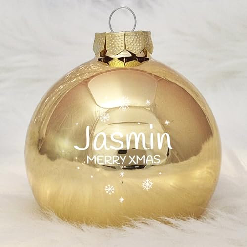 Deine personalisierte Weihnachtskugel | Christbaumkugel mit eigenem Foto und individuellem Wunschnamen, Echtglas 8 cm (02_Gold, 2 Seitig (Foto + Text))