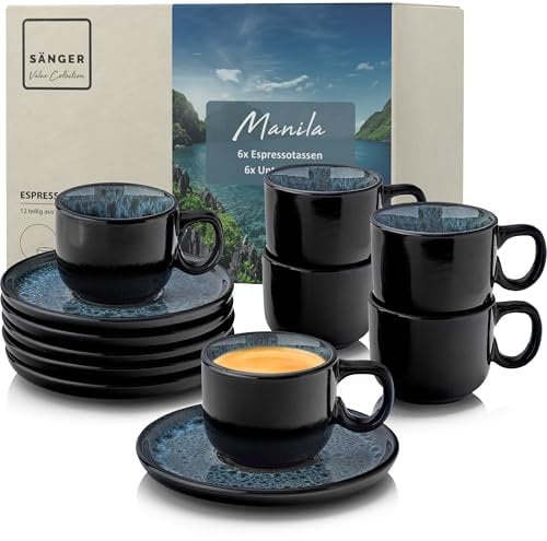 Sänger Manila | Espressotassen Set Steingut 12 tlg, Mokka Tassen Set 6 Personen, Tassen & Untertassen - spülmaschinenfest mikrowellenfest - Tassenset blau mit schwarzem Rand 80 ml | VALUE COLLECTION