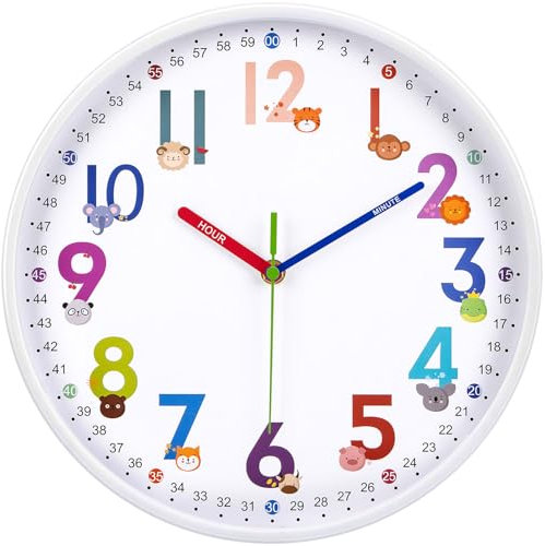 VINILITE Kinder Wanduhr mit Tierzahlen - Lautlos, Lernuhr für Kinderzimmer, Mädchen & Jungen, 25 cm