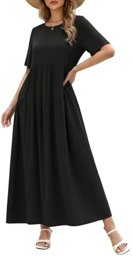 ZANZEA Womens Summer Casual Maxi Dress Flowy Boho Beach Floral Long Dresses | Short Sleeve Crew Neck Maternity Dress with Pockets, A line Tiered Swing Travel Dresses ,Casual Wear for Lounge
