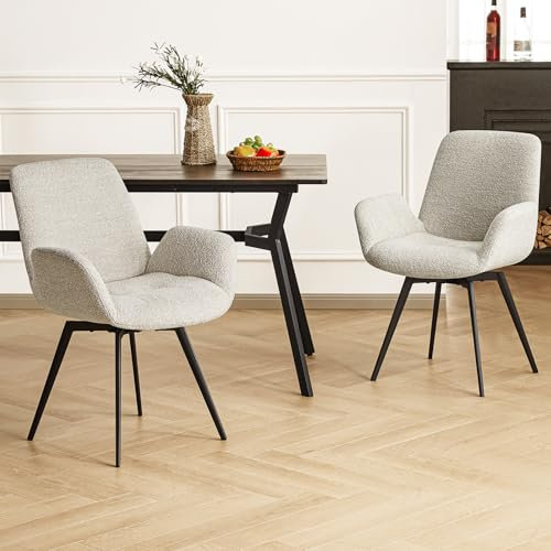 Hellove Drehstuhl Esszimmer mit Armlehnen 2er Set, Lederumhüllung Esszimmerstühle mit Metallbeinen, Wohnzimmerstuhl mit Rückenlehne für Esstisch, Gepolsterter-Linen Sessel für Küche, Wohnzimmer,Beige