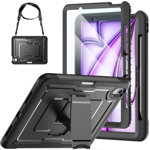 SEYMAC stock Case for iPad Air 11 inch (M3/M2, 2025/2024), Full Body Shockproof Cover with Screen Protector, Pencil Holder, Foldable Stand & Shoulder Strap for iPad Air 11 Case, Black