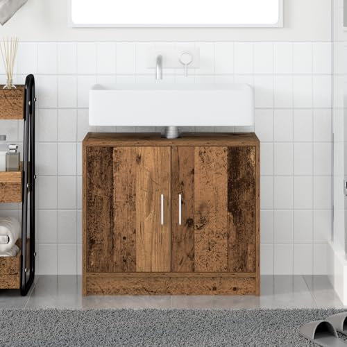 HETFTJN Mobile per Bagno con Lavabo Legno Invecchiato 63x29x55 cm Salvaspazio, Ampio Armadio a Due Ante in Legno Massello per Interni, Stile Rustico Multiuso