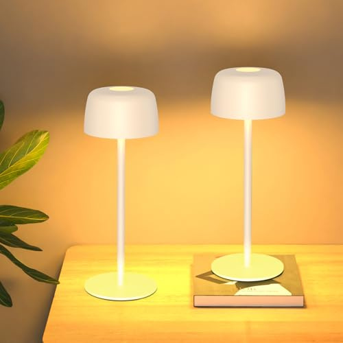 Kabellose Tischlampe Akku Dimmbar 3 Farbtemperaturen H25cm，Beige：2 stk | Kompakte elegante Metall-Tischlampe, USB-C Aufladung, IP54 wasserdicht, geeignet für Nachttisch, Esstisch und Partys