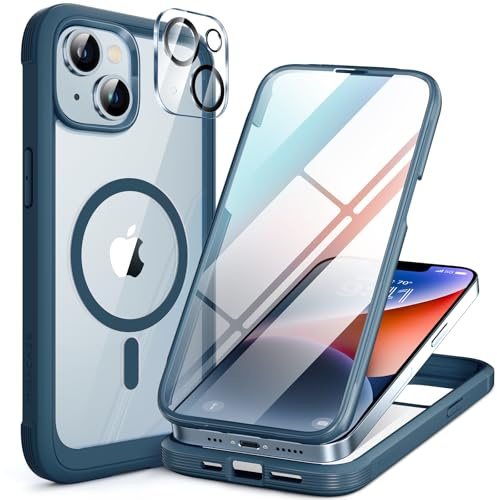 Miracase Magnetic for iPhone 14 Plus Case, Full Body Protection, Storm Blue | [Built-in 9H Tempered Glass Screen Protector + Camera Lens Protector] Compatible with MagSafe, Military Grade Drop Proof 6.7