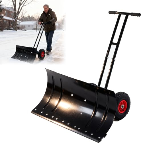 Solisburne Schneeschaufel auf Rädern, höhenverstellbar Schneeschieber, Komfortables Schneeräumen, Schneeschild 74 cm Arbeitsbreite, Schneeräumwerkzeuge für Winter, Schwarz (Doppelgriffe)