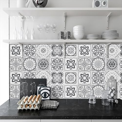 Klebefliesen Grau Weißes Muster Mosaikfliesen Pvc Fliesenaufkleber Boden Klebefliesen Küche Bad Fliesensticker Wasserdicht Fliesenaufkleber Selbstklebende Fliesen Folie Tile Sticker 10x10cm/10 Pcs