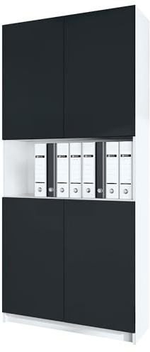 InnoFurn Aktenschrank Elona M2, Büroschrank mit Soft-Close & Push-to-Open, Aufbewahrungschrank, Büro, Home Office. Wohnzimer, Weiß/Schwarz matt (82 x 184 x 37 cm)