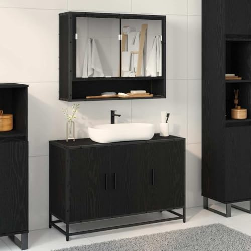 Owoxanthellate 2-TLG Badezimmer-Set Schwarz-Eiche 90×33×60 cm Waschbeckenunterschrank mit Spiegelschrank feuchtigkeitsresistent Montage