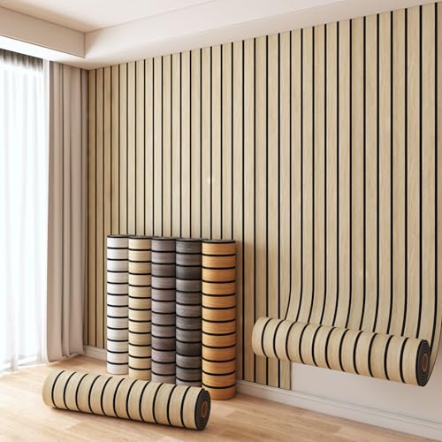 Generisch Selbstklebend Tapete Holzoptik Tapete 2mm Dicke Akustikpaneele Holzwand 3D Effekt Skandi Holzpaneele Holzwand Wasserdicht Wandpaneele zum Abziehen und Aufkleben,Wood,1 Rolle 300x40cm