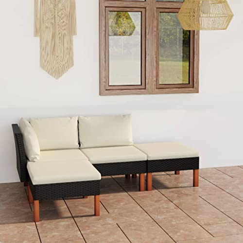 zylophax 4-TLG. Garten-Lounge-Set mit Kissen aus PE-Rattan Schwarz, pulverbeschichteter Stahlrahmen, massives Eukalyptusholz, wetterfest, Sitzgruppe Outdoor für Terrasse Balkon