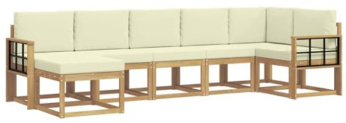 vidaXL Outdoor-Sofagarnitur mit Kissen 7 pcs Weiß und Creme Polyester, Modularer Gartensofa-Set, modernes Outdoor-Sofa, wetterfester Terrassenmöbel, Akazienholz, braunes Sitzen