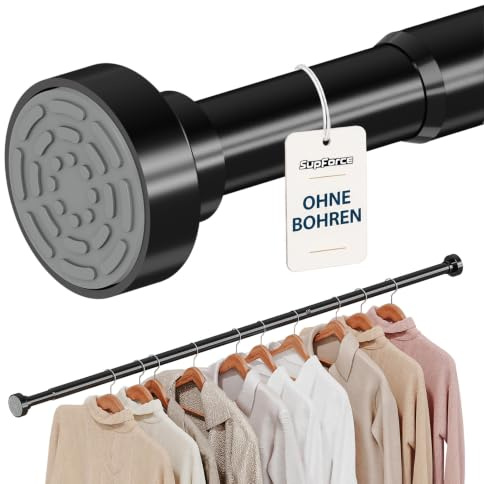Supforce Kleiderstange Schrank, Kleiderstangen ohne Bohren,43-137cm,Schwarz | Rutschfeste Teleskop Kleiderstange, Schwerlast-Kleiderstange verstellbar für Kleiderschrank/Schrank/Bad/Wäsche/Wohnmobil