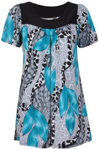 Womens Floral Print Ladies Short Sleeves Stretch Round Scoop Neckline Long Smock Tunic T-Shirt Top Plus Size