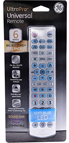 GE Big Button Backlit Universal Remote Control for Samsung, Vizio, Lg, Sony, Sharp, Roku, Apple TV, RCA, Panasonic, Smart TVs, Streaming Players, Blu-Ray, DVD, 6-Device, Silver, 33712