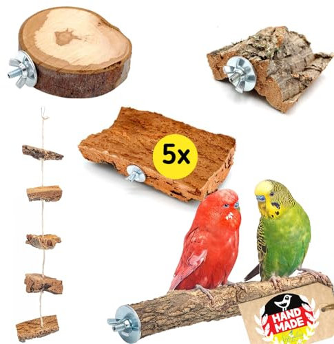 Vogelgaleria® 5- teiliges Set Kork Vögel Kork Wellensittich | Korksitzbrett, Kork-Knabberseil, Korkpickstein, Korksitzstange, Wildapfel Sitzbrett