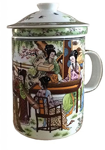 Porcelain Chinese Tea Mug with Infuser and Lid - Garden Ladies Pattern