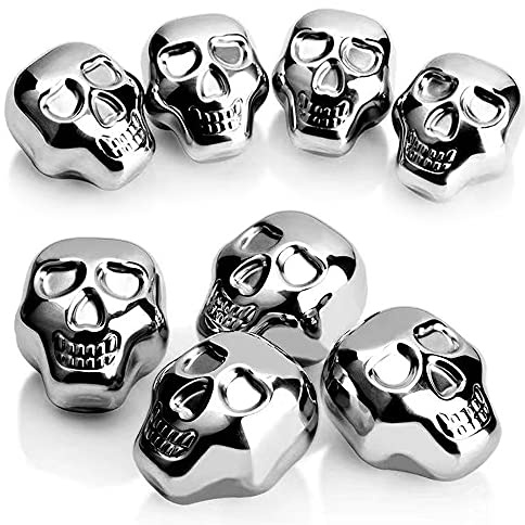 Whiteswallow Reusable Stainless Steel Ice Cube Metal Whiskey Stones for Drinks Skull Shaped Set of 6