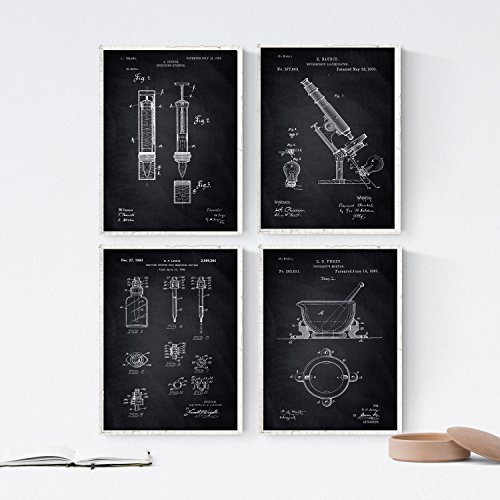 Nacnic Schwarz Apotheke Patent Poster 4-er Set. Vintage Stil Wanddekoration Abbildung von Medizingeräte und Gesundheit. Verschiedene geometrische Alte Erfindungen Bilder ohne Rahmen. Größe A4.