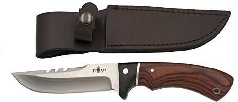 THIRD 13572PW Jagdmesser, mit 440er Stahlklinge 12,4 cm satiniert, Pakkaholzgriff und schwarzem Holz, mit Lederetui