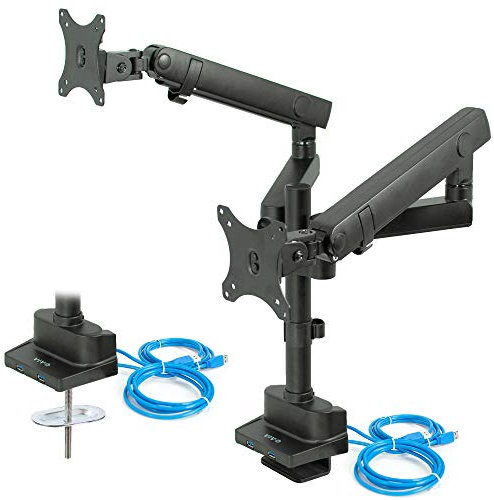 VIVO Premium Aluminum Full Motion Dual Monitor Desk Mount Stand with Lift Engine Arm, Pole Extension, and USB Ports, Fits Ultrawide Screens up to 40 inches, STAND-V102BDU