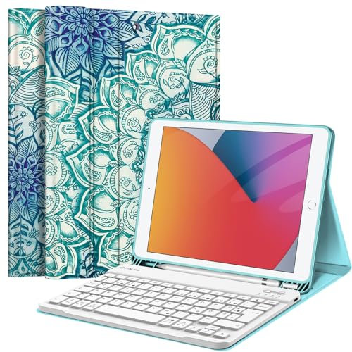 FINTIE Tastatur Hülle für iPad 10.2 Zoll (9/8/ 7 Generation - 2021/2020/2019), Schutzhülle mit TPU Rückschale, Pencil Halter und magnetisch Abnehmbarer Tastatur mit QWERTZ Layout, smaragdblau
