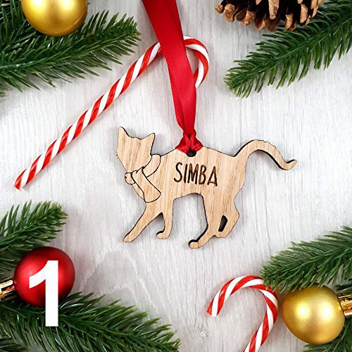Wooden Cat Christmas Tree Decoration: Six Breeds - Personalise with any Name!
