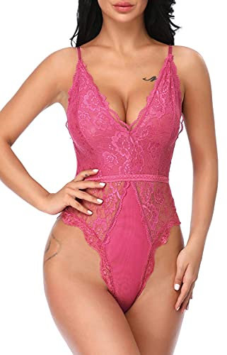 EVELIFE Body Donna Sexy Pizzo Lingerie Teddy Un Pezzo Scollo a V Biancheria Intima Trasparente(Rosa L)