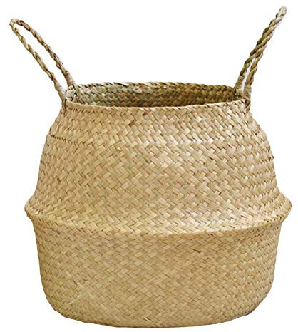 Napacoh Panier Tissé Suspendu en Pot De Plante Pliable avec Poignée, Panier Pliable De Rangement en Osier, Pot De Fleur en Bambou XL