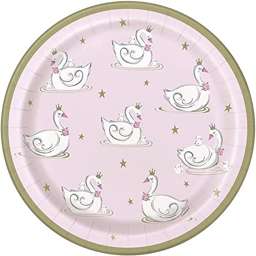 Elegant Swan Birthday Round Dinner Plates (22cm) - Pink & Gray Rim Design - Perfect for Memorable Celebrations - 8ct