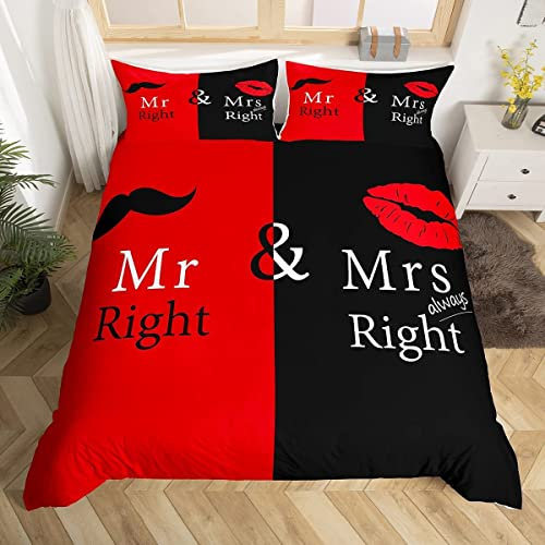 Herr Frau Betten Set Schwarz Rot Kreativ Bettwäsche Set 135x200cm Liebe Mann Schnurrbart Frau Lippen Romantik Bettbezug Set Lustiges Weiß Zitat für Liebhaber Paar Valentinstag Home