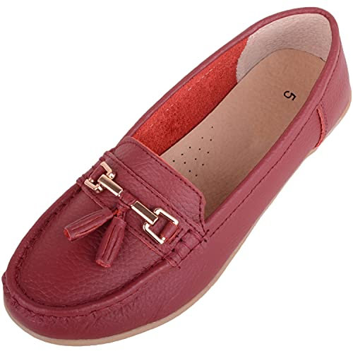 ABSOLUTE FOOTWEAR Womens Slip On Leather Loafer/Deck/Boat Shoes, Cherry, UK 3