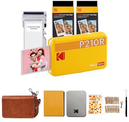 KODAK Mini 2 Retro 4PASS Portable Photo Printer (2.1x3.4 inches) Initial 8 Sheets + 60 Sheet Pack, Gift Bundle, Yellow