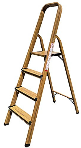 KELI - Escabeau Domestique, Marchepied, Fabriqué en Aluminium Finition Bois (Chêne Naturel) (4 Marches (Hauteur de Travail 2,27))