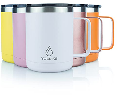 yoelike 410ml/14oz Coffee Mug with Lid and Handle, Double Wall Vacuum Stainless Steel Insulated Coffee Travel Mug Cup for Men Women, Powder Coated, Dishwasher Safe, Leak Proof for Hot Cold Drinks