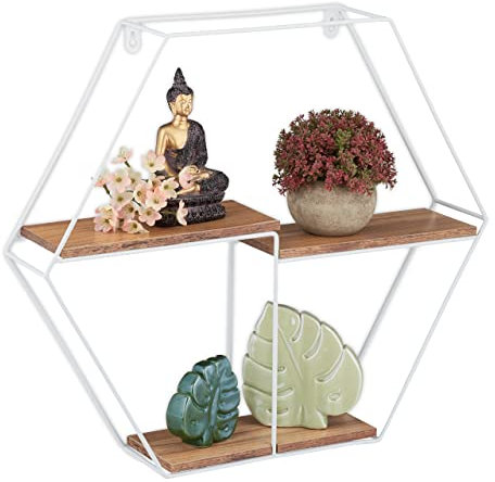 Relaxdays Wandregal Hexagon, Hängeregal, 3 Ablagen, HxBxT 45 x 51,5 x 10 cm, Metall & MDF, Dekoregal Wand, weiß/braun