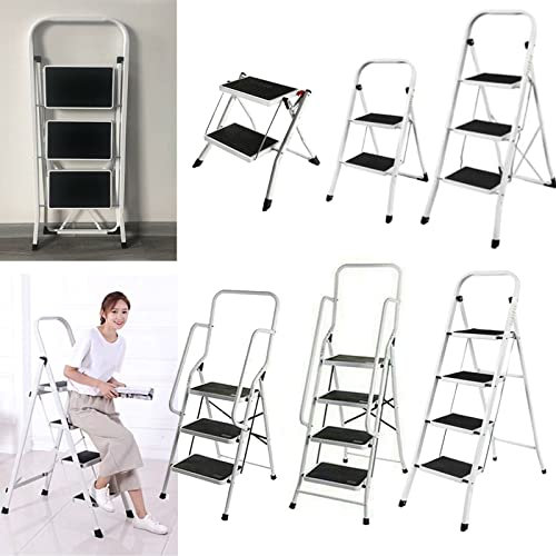 Escabeau pliable à 4 marches en acier avec main courante - Antidérapante - Pour la maison, la cuisine, le garage - Charge maximale : 150 kg