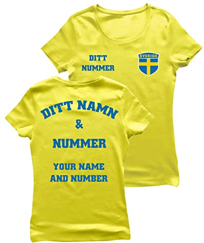 lepni.me Damen T-Shirt Schweden Fußball Trikot Ihrem Namen und Nummer Schwedische Flagge Abzeichen Personalisierte Custom Top WM 2022 Fans (L Gelb Mehrfarben)
