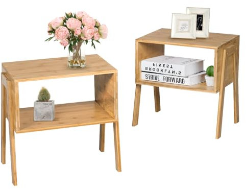 GOPLUS 2er Set Nachttisch stapelbar, Nachtschrank aus Bambus mit offenem Ablagefach, Beistelltisch Nachtkommode Nachtkonsole für Schlafzimmer Wohnzimmer, Modern, 43 × 29 × 42 cm, Natur