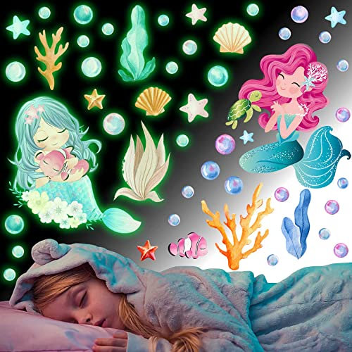 Wandsticker Kinderzimmer Mädchen, Meerjungfrau Wandtattoo Mädchenzimmer, Leuchtender Wandaufkleber Meer Fische, Unterwasserwelt Leuchtsticker Selbstklebend, Meerestiere Leuchtaufkleber Schlafzimmer