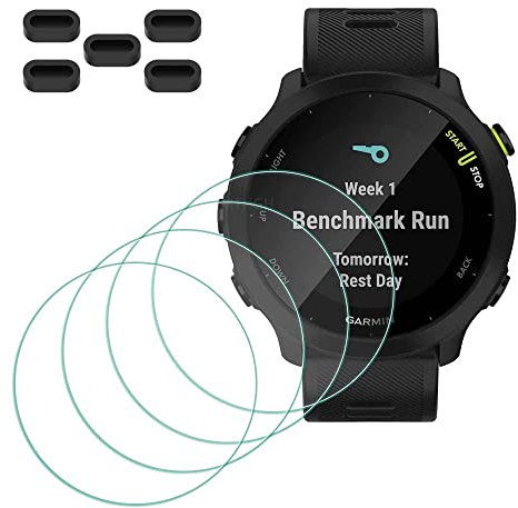MTHGH Protector de pantalla de cristal templado Compatible con Garmin Forerunner 55 [4 piezas] + tapones antipolvo 5 piezas, Dureza 9H sensible al tacto libre de burbujas cubierta protectora