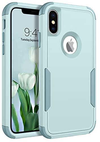 DUEDUE for iPhone X Case, Phone Case for iPhone XS, Heavy Duty 3 in 1 Rugged Shockproof Hybrid Hard PC Soft TPU Bumper Drop Protective Girls Women Men Covers for iPhone X/XS, Grey Green