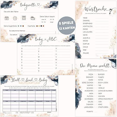 Olgs Babyparty Spiele Set - 5X Babyshower Spiele (je 12 Stück) DIN A5 - Schwangerschaft Geschenk - Stadt Land Baby Babywette, Gender Reveal Party Ratespiele zum ausfüllen - Splash