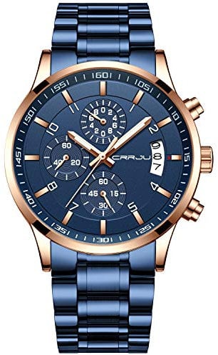 CRRJU Herren Uhr wasserdichte Chronographen Armbanduhr Männer Edelstahlarmband Business Analog Quarzuhr mit Kalender Blau