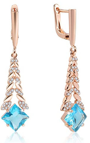 Richapex Orecchini da donna con pietre preziose azzurre Orecchini popolari in cristallo ipoallergenico con pendente lungo in oro rosa