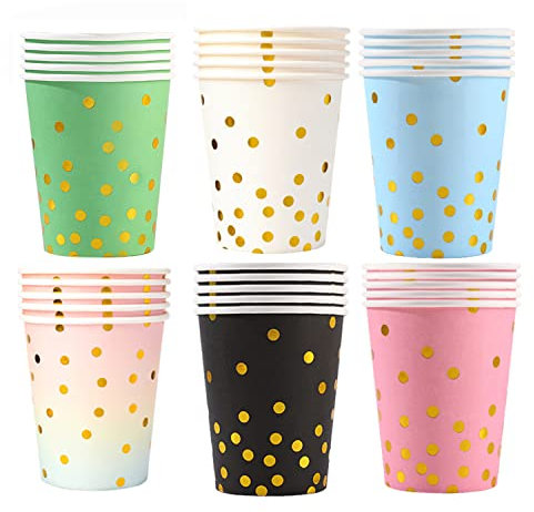 60 Stück Einwegbecher, Gold Dot Partybecher, Bunt Partybecher, Pappbecher, Pappbecher Gold Dot, Trinkbecher, für Partybedarf, Geburtstag, Hochzeit, Heißen und Kalten Getränken, 250ml (Gemischte farbe)