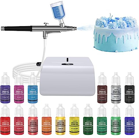 Cake Decorating Kit with Compressor, Cookie Airbrush with 12 Food Coloring Liquids and 4 Metallic, Food Airbrush Set for Dessert, Cupcakes Decorating