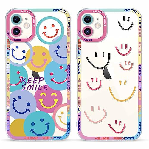 Yoedge 2 Stück Happy Smiley Face HandyHülle für Apple iPhone 11 Hülle 6,1, Transparent Smile Gesicht Niedliches Muster Design Aesthetic Case Schutzhülle für iPhone 11 Mädchen Frauen Cover