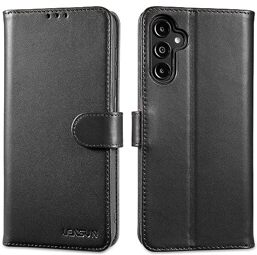 LENSUN Echtleder Hülle für Samsung Galaxy A14, Handyhülle [Echtes Leder][Magnetverschluss][RFID] Handytasche Lederhülle Flip Cover für Samsung Galaxy A14 4G/5G - Schwarz